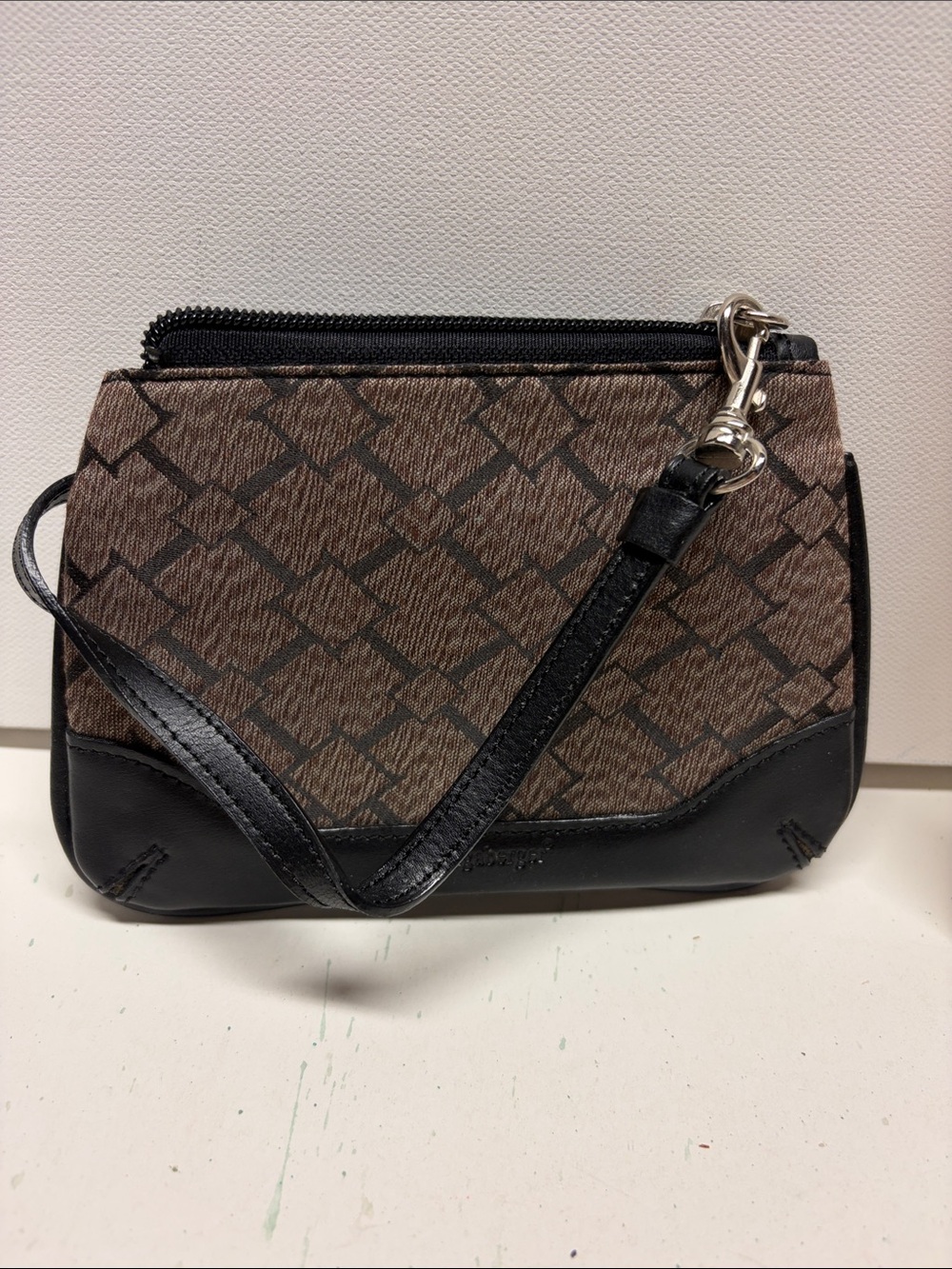 Longaberger Brown Patterned Wristlet with Black Trim